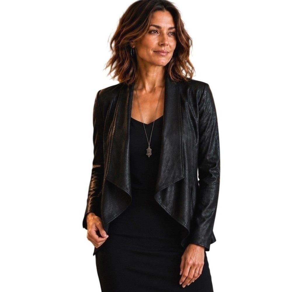 Joseph Ribkoff Black Peplum Jacket Draped Liquid Vegan Leather 6 Edgy Evening